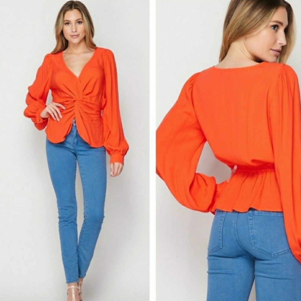 Petal Roz long sleeved V-neck twist front coral Large